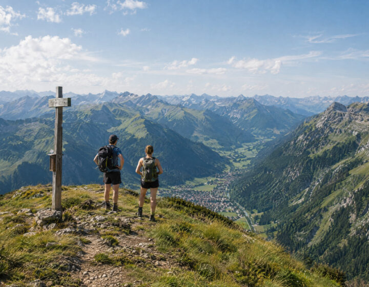 Zwei Wanderer am Gipfelkreuz mit Panoramablick über Oberstdorf und die Allgäuer Alpen