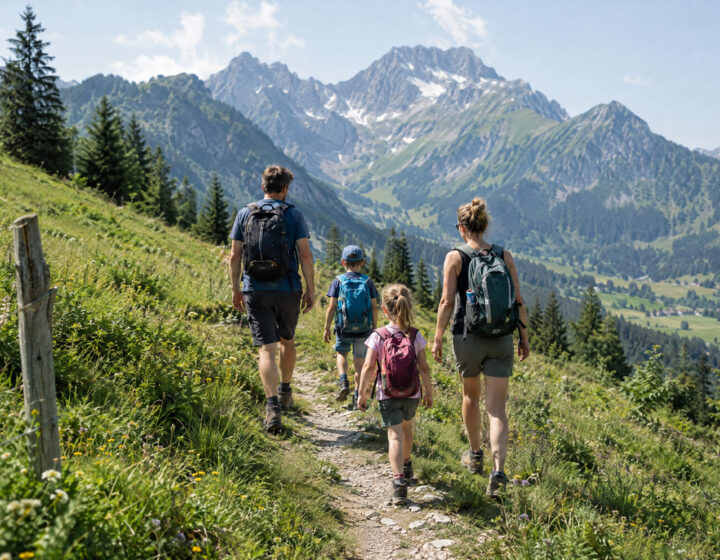 Familie mit zwei Kindern wandert auf einem leichten Bergweg bei Oberstdorf