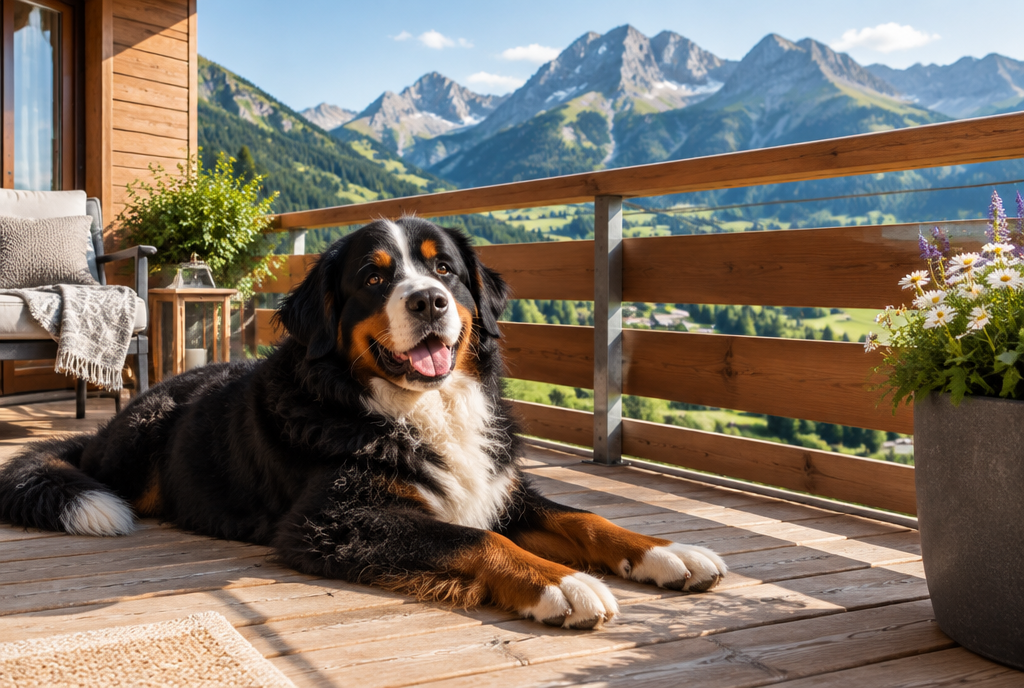 Hund entspannt auf der sonnigen Terrasse einer Ferienwohnung in Oberstdorf mit Bergblick