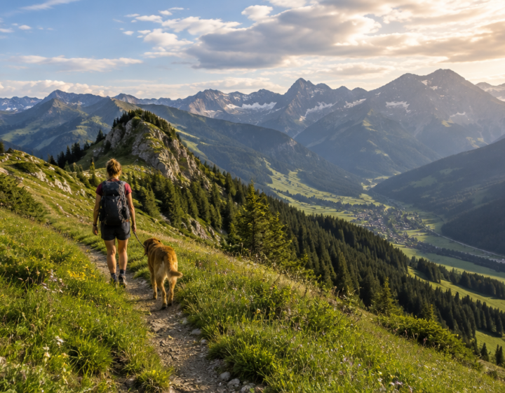 Wandern mit Hund ohne Leine auf einem Alpenweg bei Oberstdorf