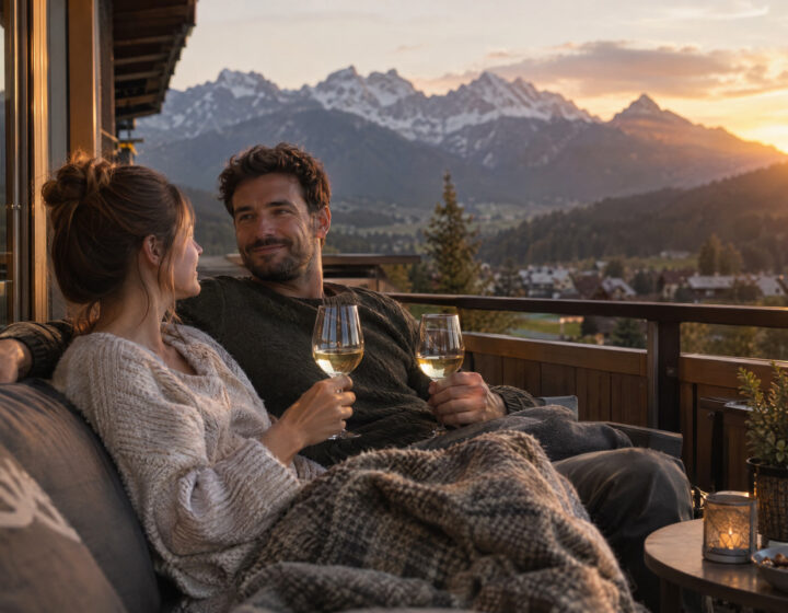 Paar genießt bei Sonnenuntergang zwei Gläser Wein auf der Terrasse einer Premium-Ferienwohnung in Oberstdorf