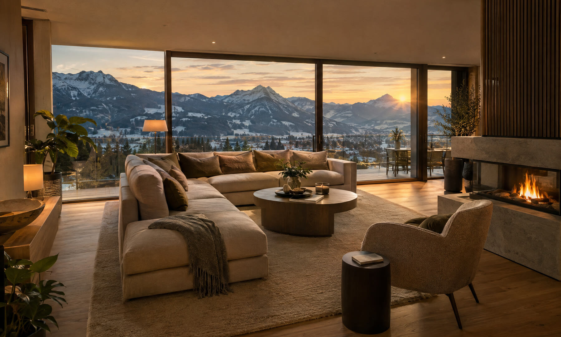 Luxuriöses 5-Sterne-Wohnzimmer mit Kamin und Panoramablick auf die Oberstdorfer Berge