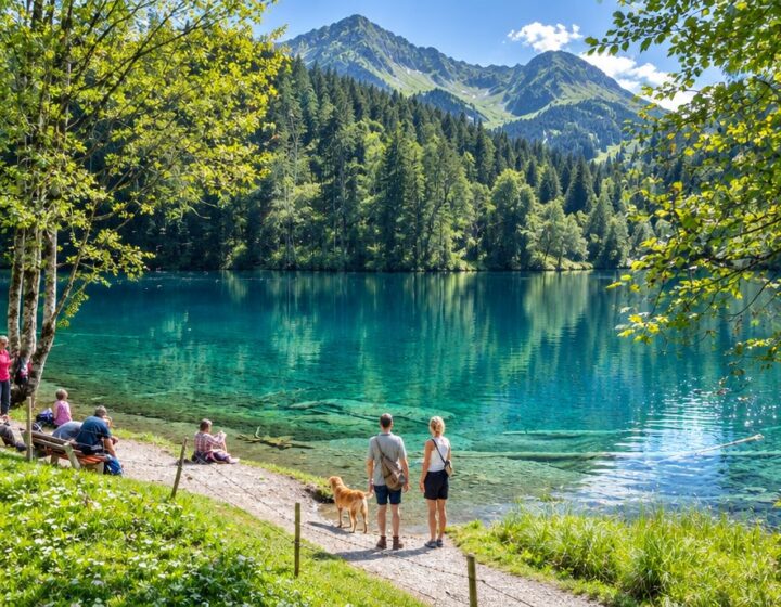 Klarer türkiser Bergsee mit Badesteg und Bergpanorama bei Oberstdorf