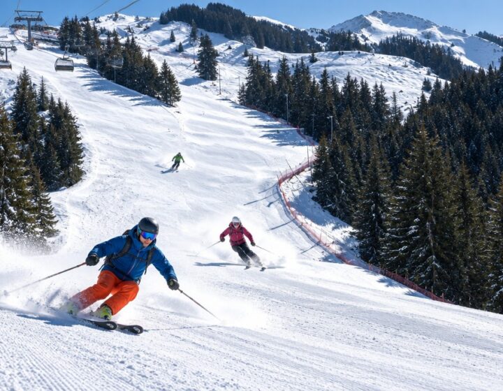 Skifahrer bei der Abfahrt auf einer sonnigen Piste im Skigebiet Oberstdorf