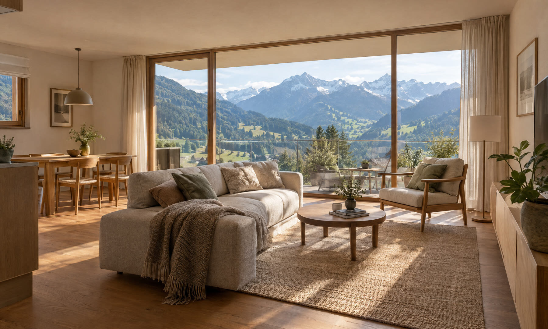 Moderne, lichtdurchflutete Ferienwohnung in Oberstdorf mit raumhohen Fenstern und Bergblick